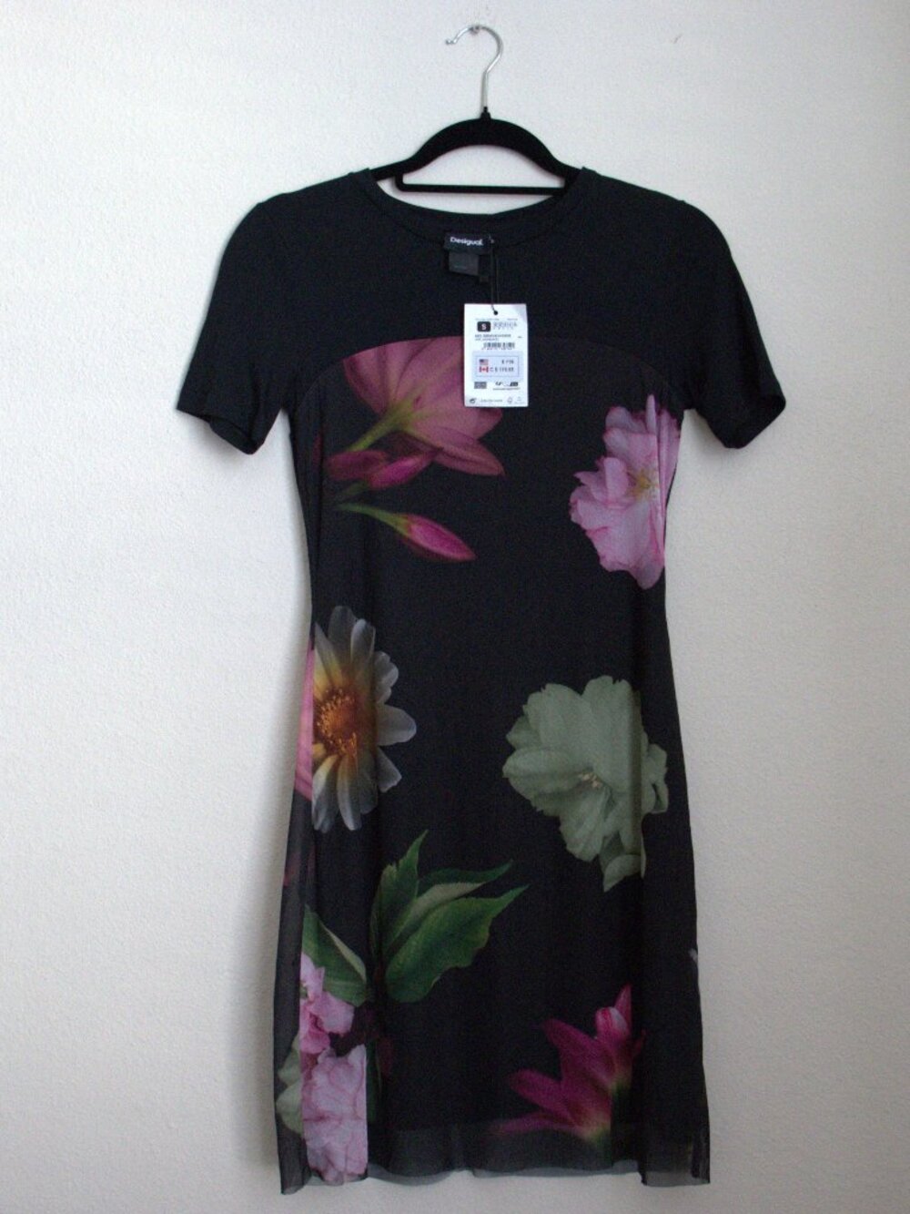NWT Desigual Black Floral Mesh Overlay Short Sleeve Bodycon Mini Dress Small